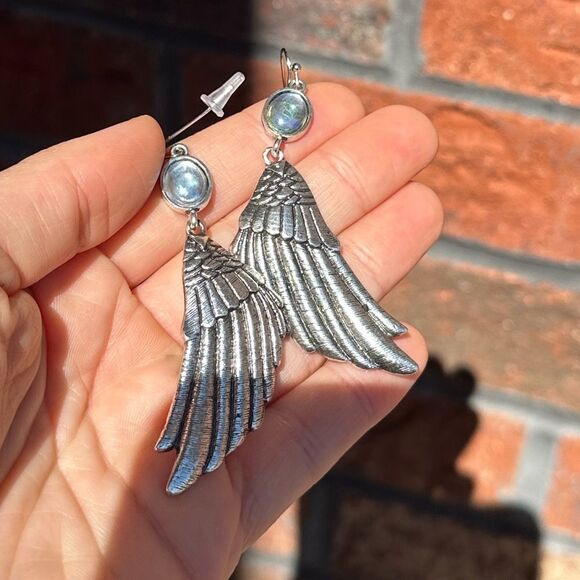 Silver Wing Earrings with Blue Accents - Picture 5 of 7